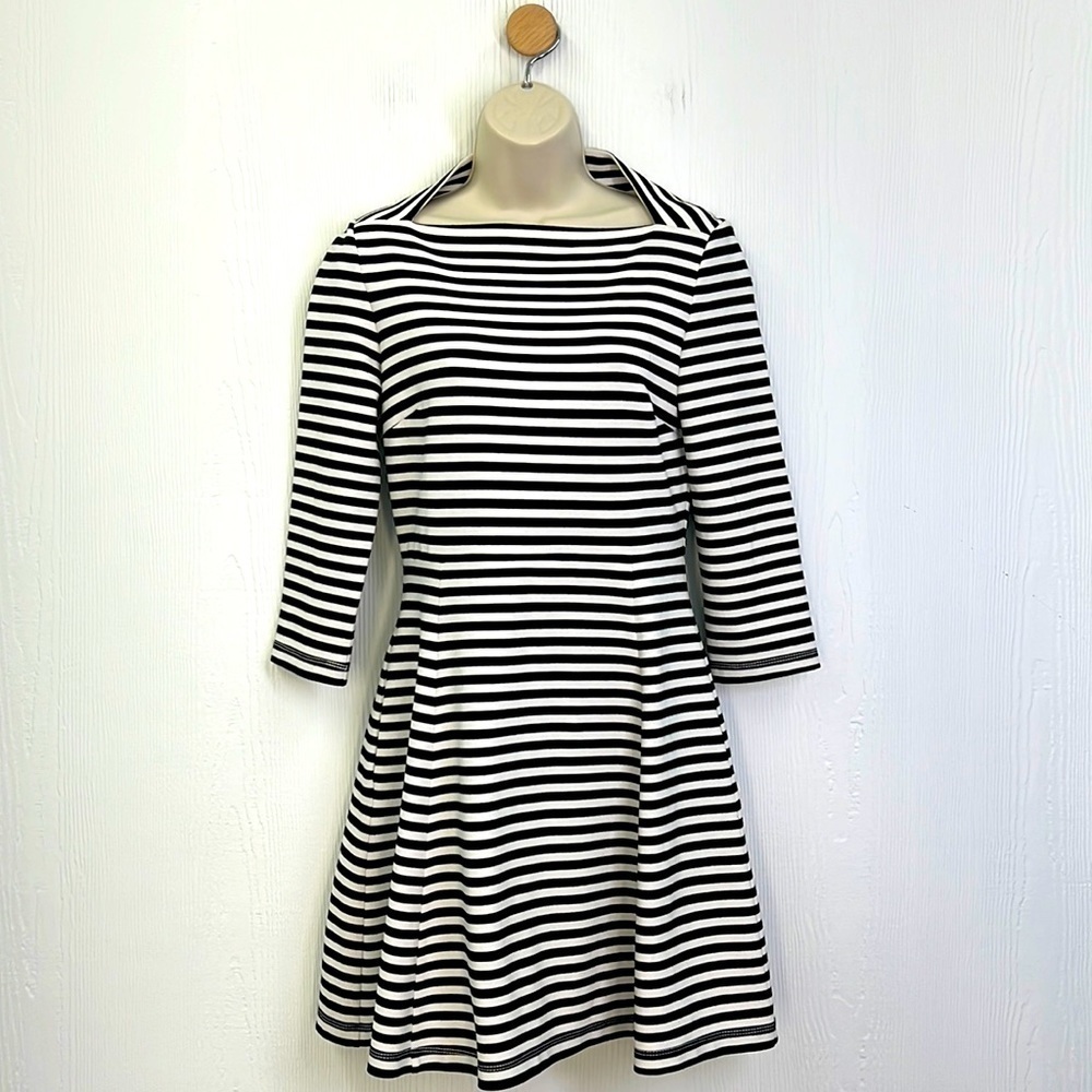 Kate Spade - Brooke Street Black & White Stripes Quarter Sleeve Midi Dress SM